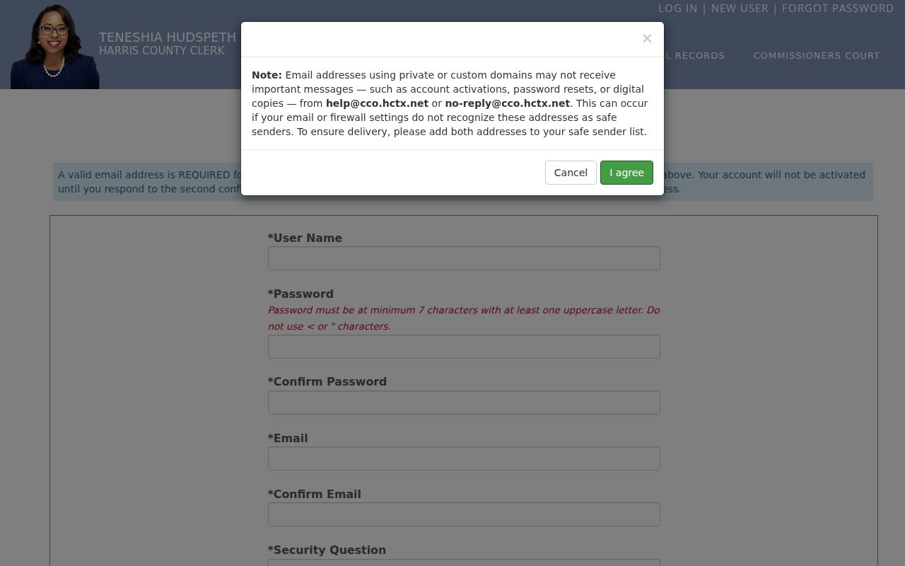 Harris County Clerk civil records registration page