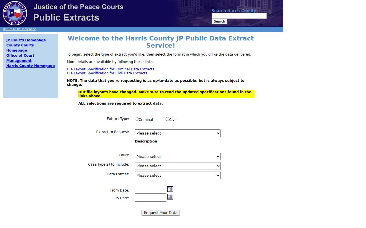 Harris County JP public data extracts form