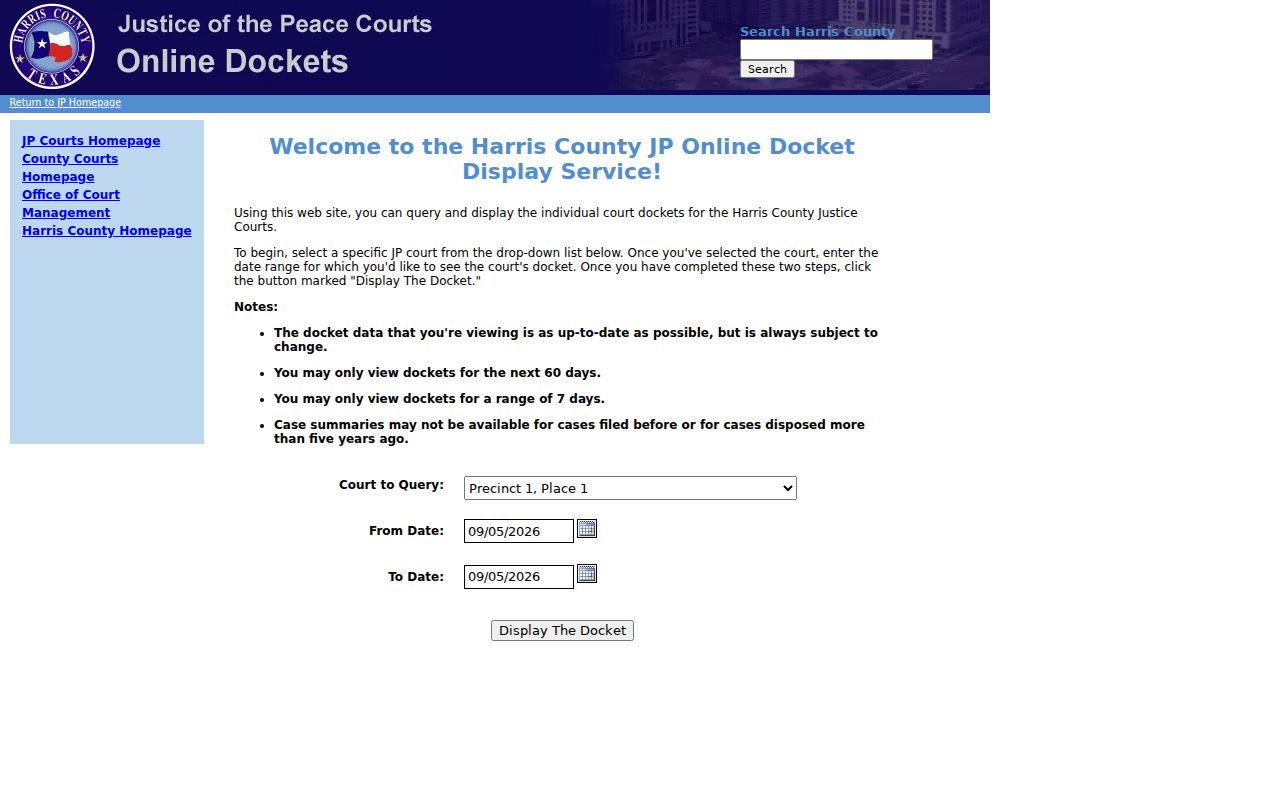 Harris County JP online docket date search