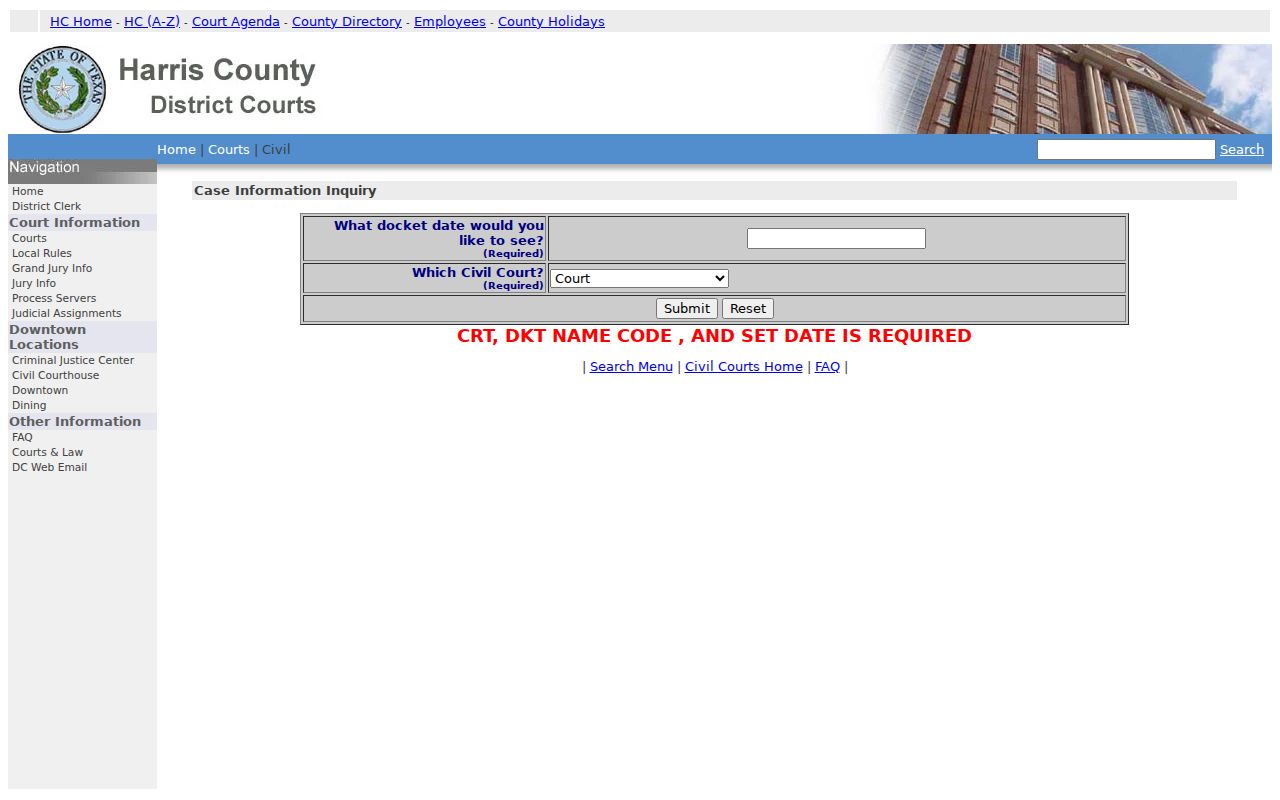 Harris County court calendar civil Docket Inquiry form