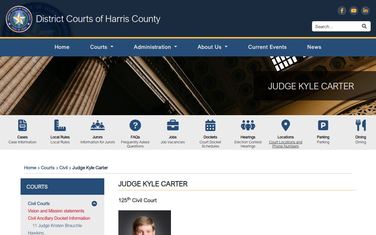Harris County court page showing court-specific docket contacts